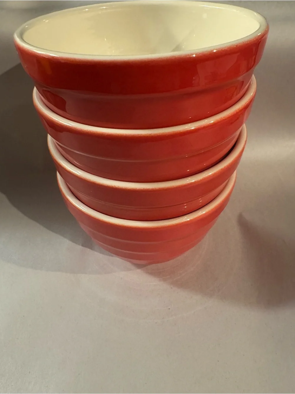 Lot 4 Crate & Barrel Parker ribbed beehive nesting bowls red w/cream interior